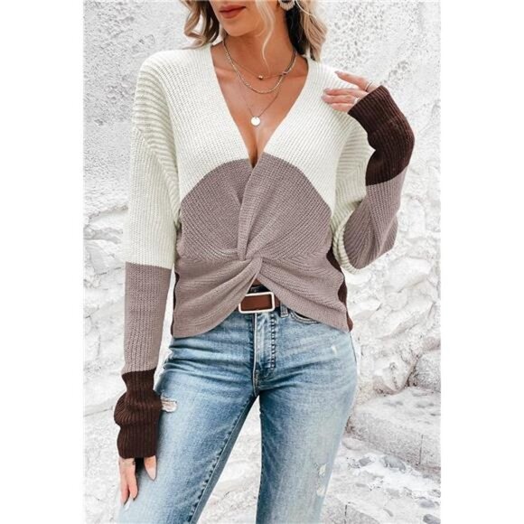 Khaki Colorblock Chunky Knit Pullover Sweater V Neck Twisted Knot Sweater Top - Picture 2 of 6